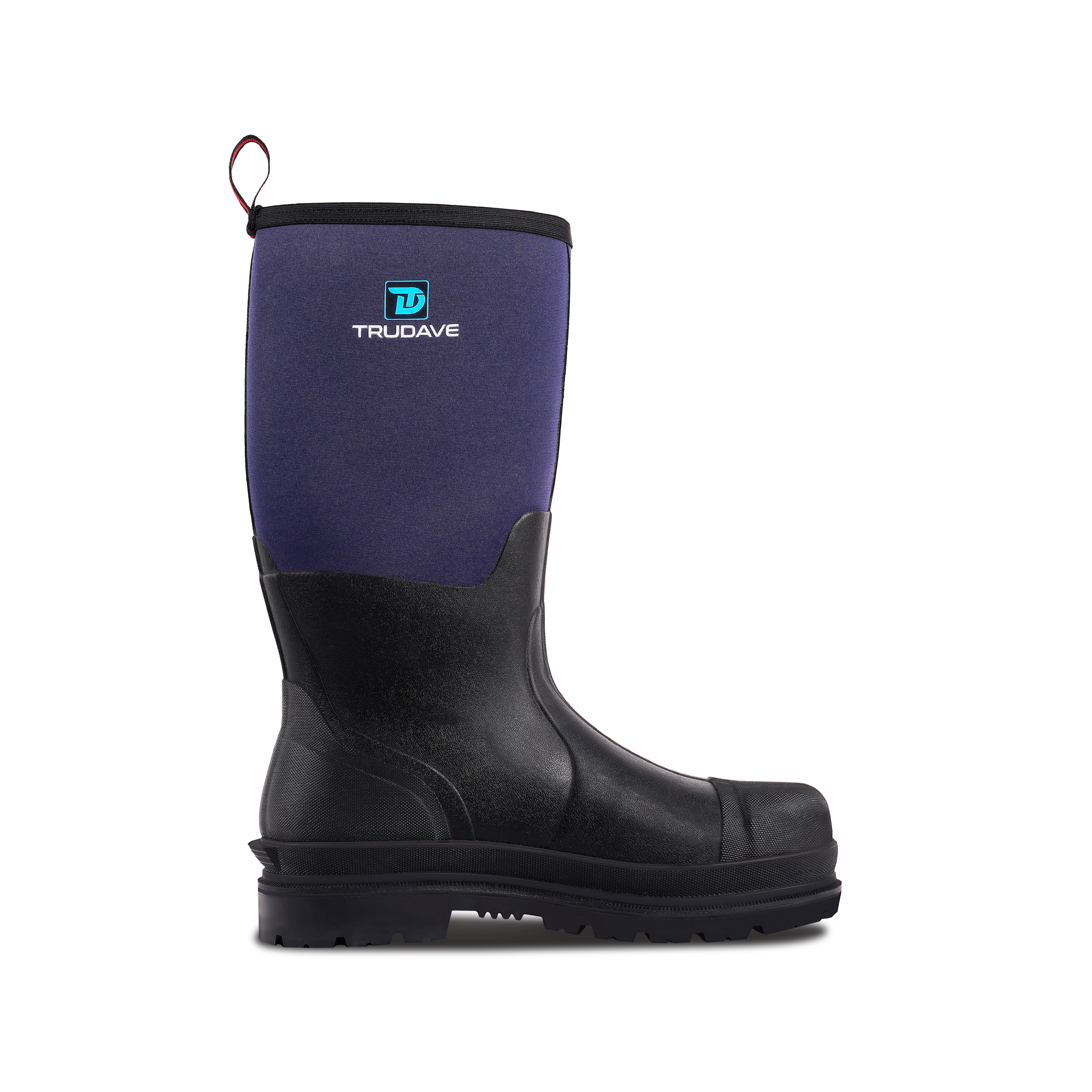 Side view of Trudave IronShield Series tall waterproof work boots with steel toe – blue and black design built for tough job sites and wet conditions